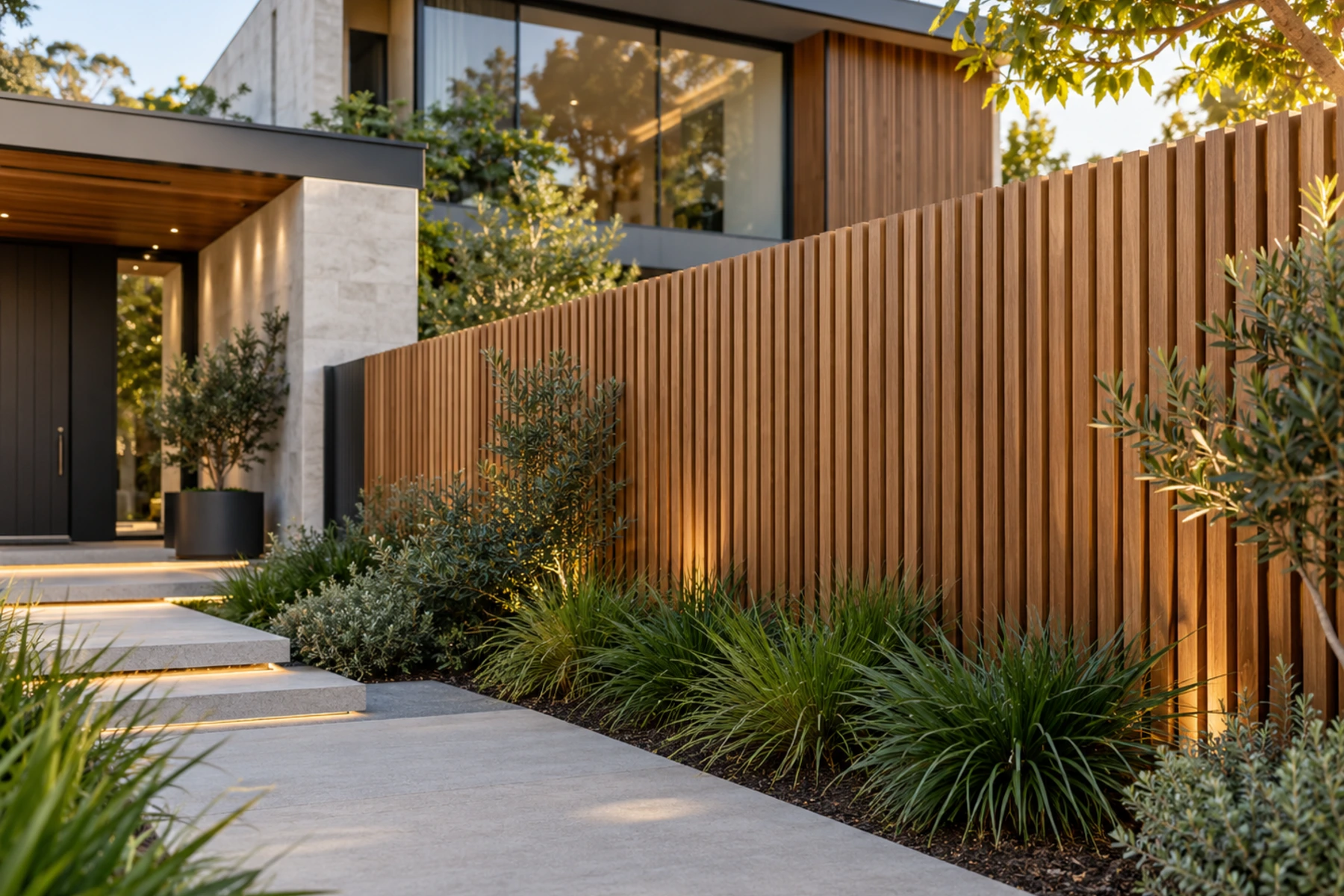 High-end architectural vertical timber boundary fencing beside a modern Brisbane-style home