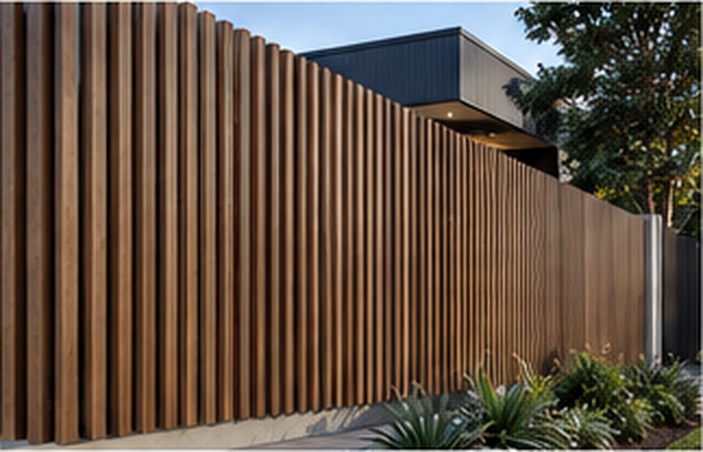 High-end architectural vertical timber boundary fencing beside a modern Brisbane-style home