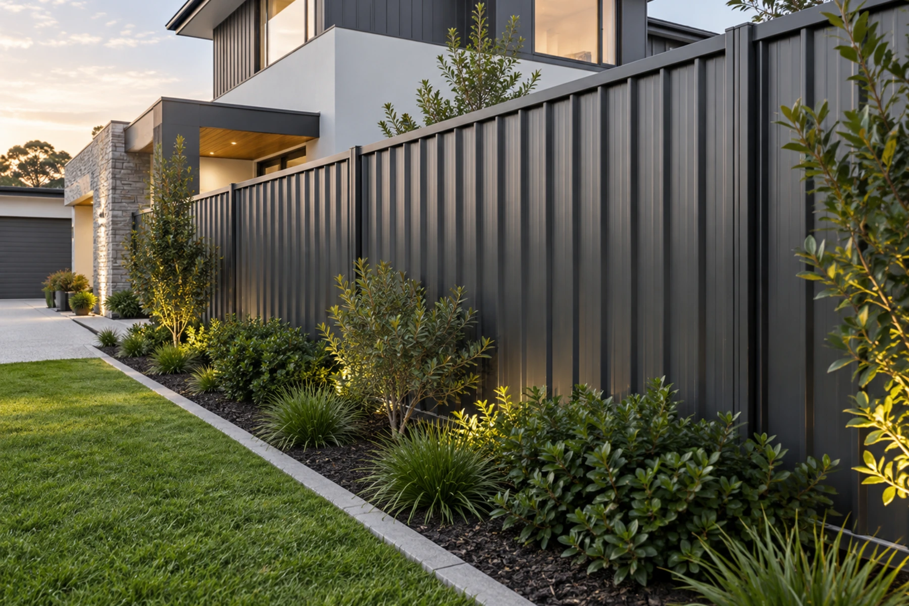 Modern dark COLORBOND style boundary fencing integrated with contemporary landscaping