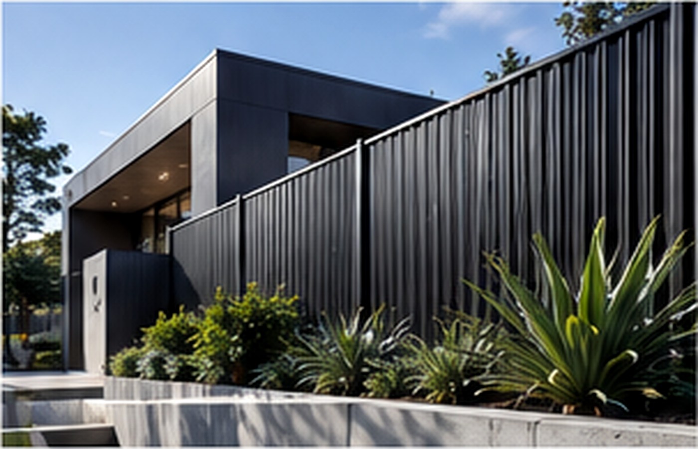 Modern dark COLORBOND style boundary fencing integrated with contemporary landscaping