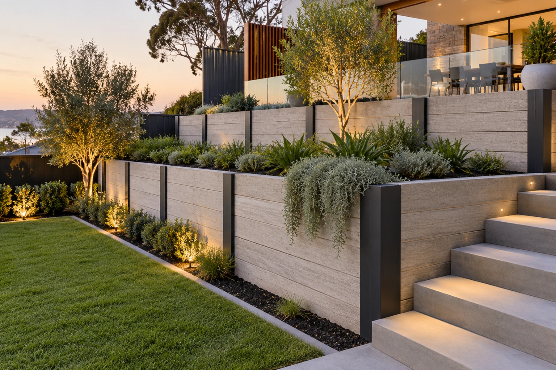 Premium concrete sleeper retaining wall integrated into landscaped residential property