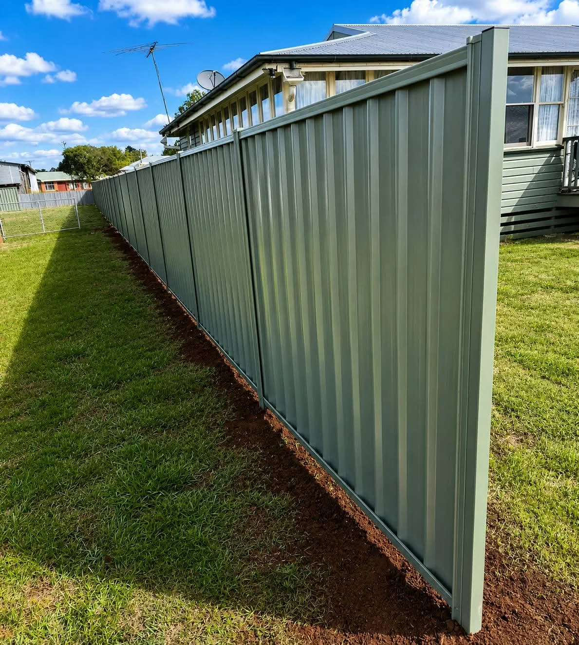 Light coloured metal boundary fence on finished lawn