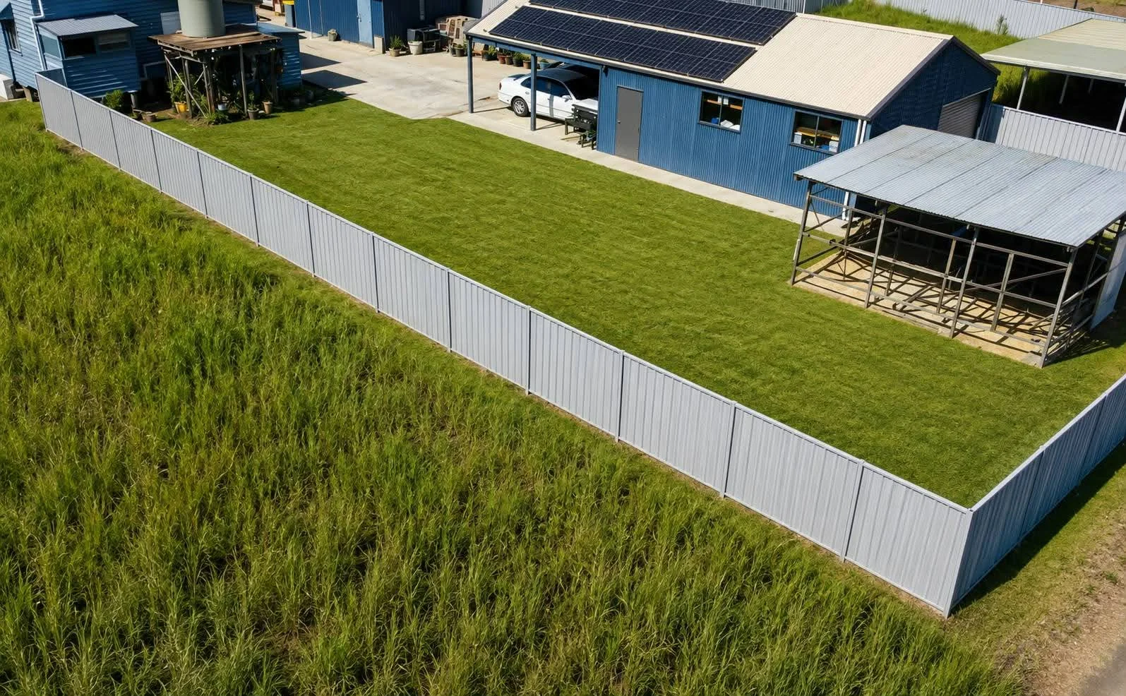 Aerial view of completed light coloured boundary fencing