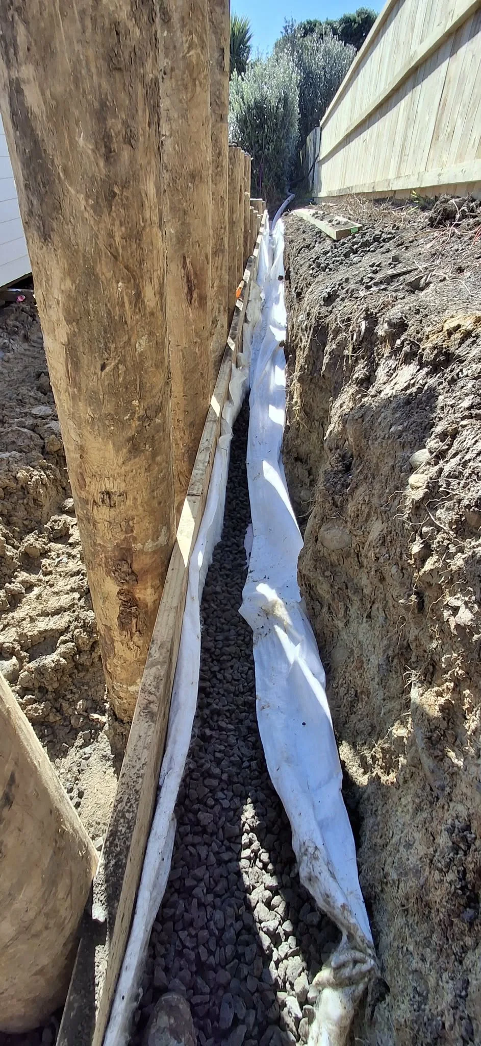 Drainage installation behind a retaining wall